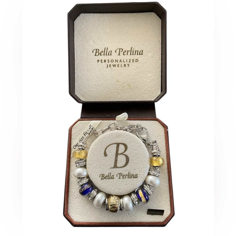 BELLA PERLINA Silver and Gold Bracelet with Murano Glass & Blue Charms NWT